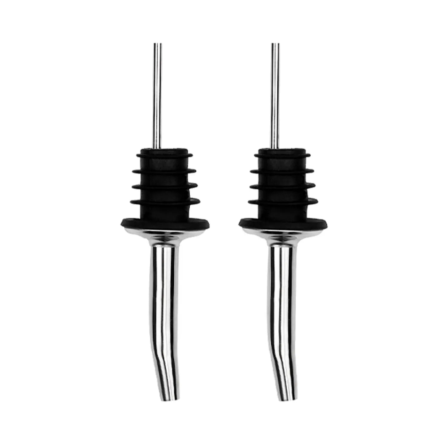 Two classic silver stainless steel liquor pour spouts with black rubber dust caps isolated on a solid white background.