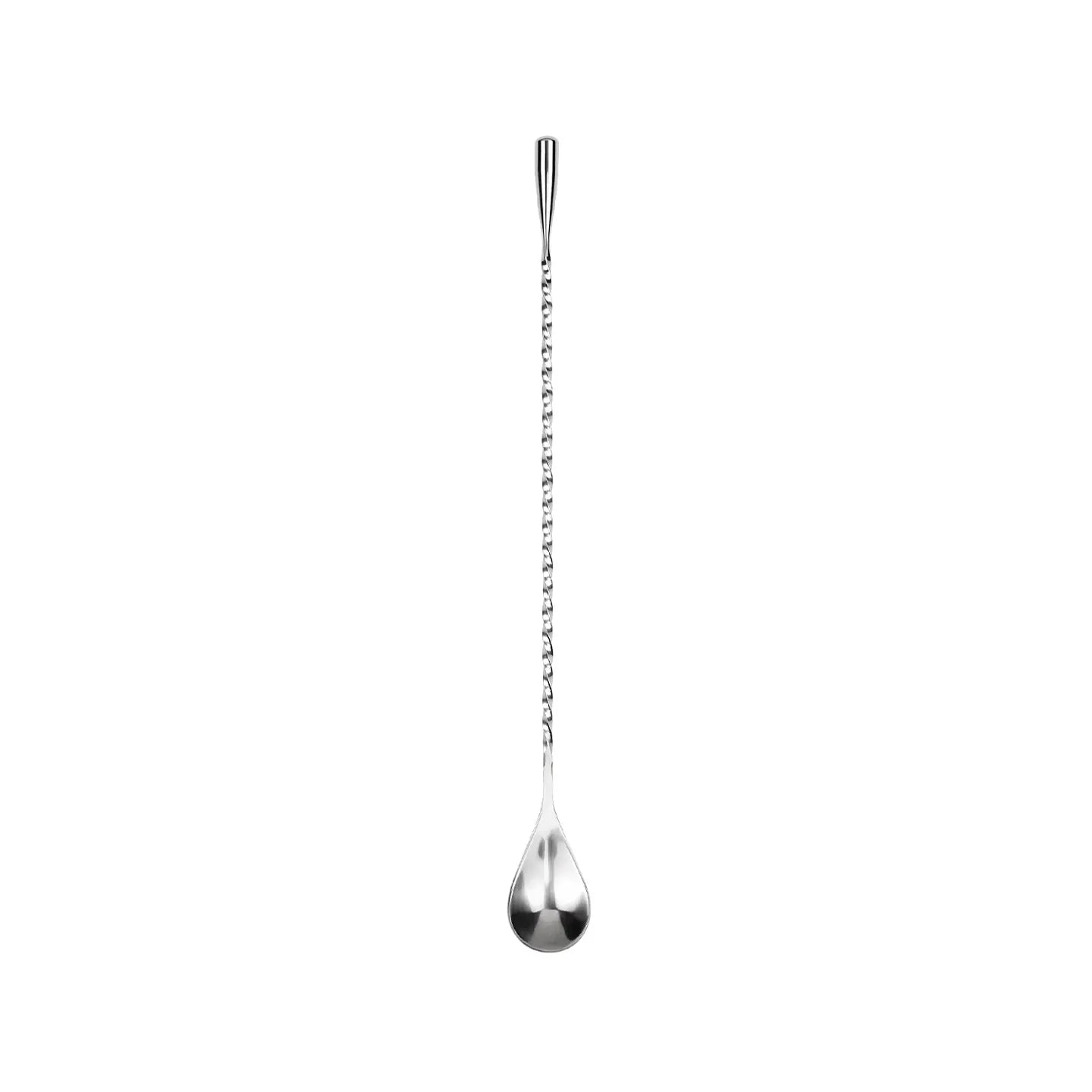 A long-handled 12-inch twisted stainless steel bar spoon with a teardrop tip for professional cocktail stirring.