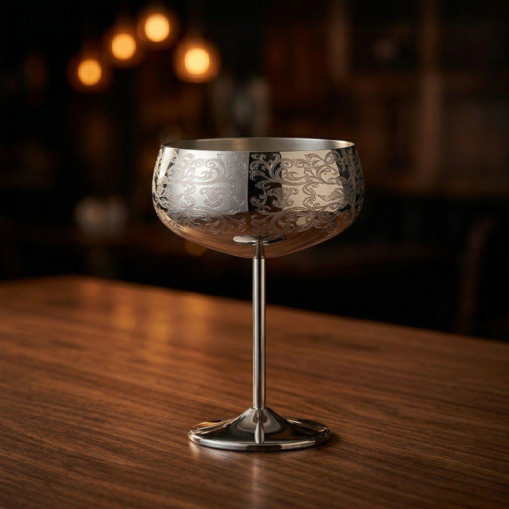 Luxury stainless steel martini glass with intricate vintage floral etching, displayed on a dark wood bar counter. Premium barware for professional cocktail presentation.